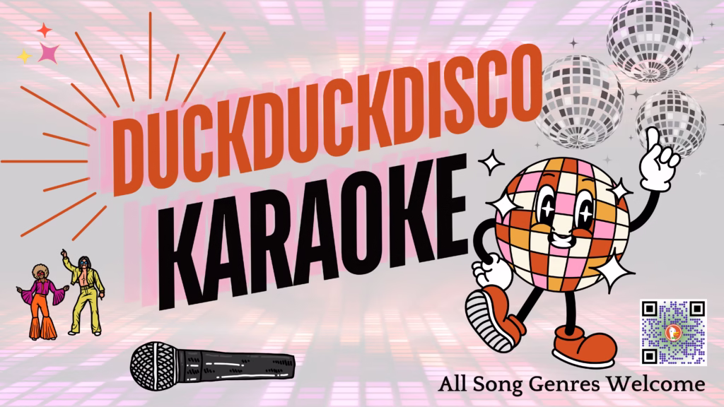 Vibrant karaoke banner with large diagonal text, disco balls, microphone on the floor, dancing characters, and a QR code.